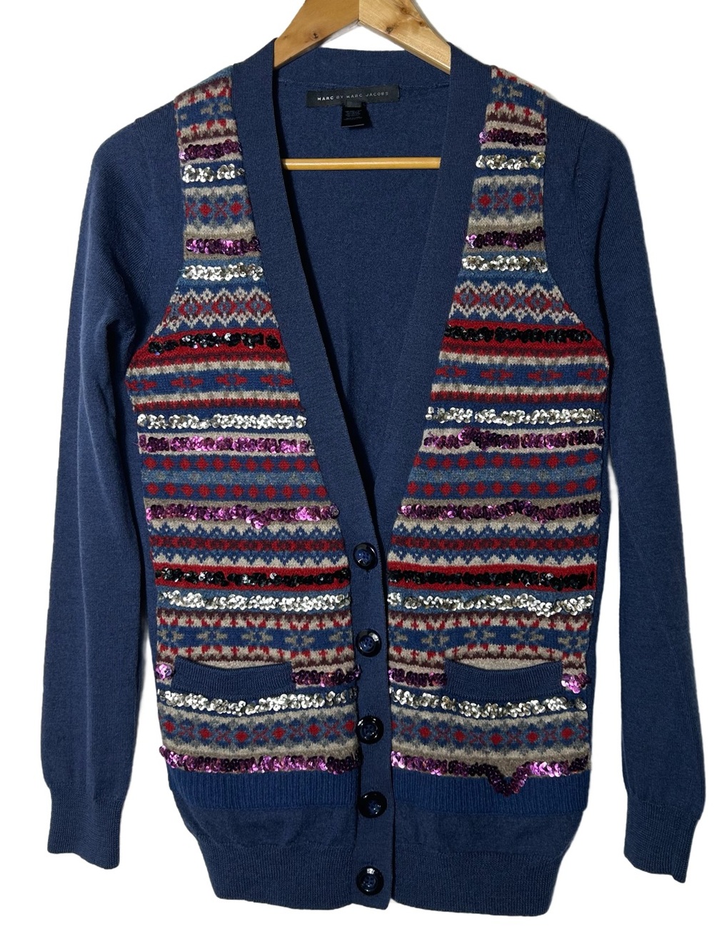 Marc by Marc Jacobs Navy‎ Cardigan Wool Blend Multicolor Sequin Fair Isle Front